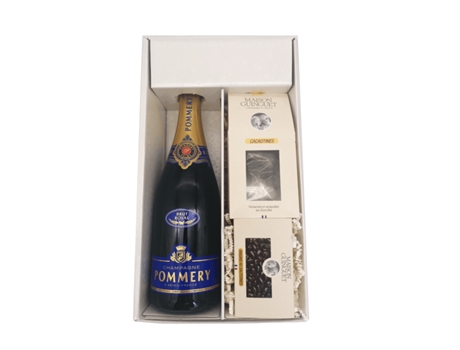 White Gift Box - Champagne Pommery -1 Brut 75 cl - Cacaotines (1x150g) and Sauternes Raisins (1x100g) MAISON GUINGUET