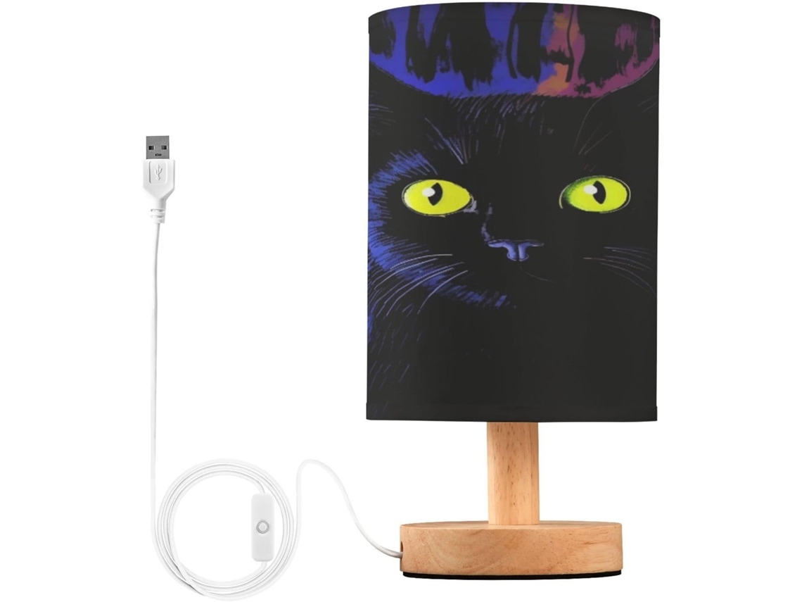 Luminária De Cabeceira Led Pequena Skyshu Em Formato Gato Preto, Com Alimentação Usb, Base De Madeira Antiderrapante E