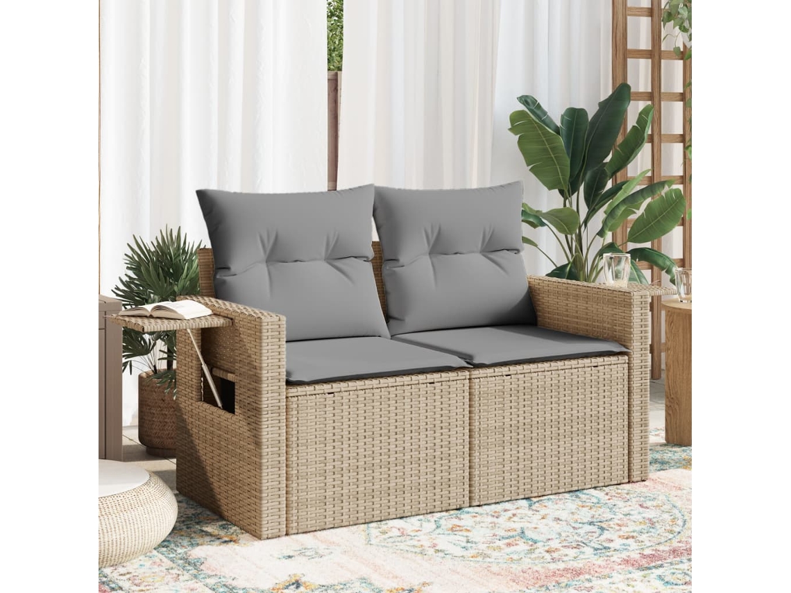 Vidaxl Sofá De Jardim De 2 Lugares Com Almofadões Vime Pe Bege