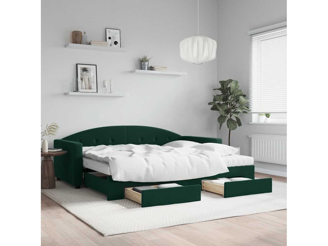 Vidaxl Sofá-cama C/ Gavetão E Gavetas 90x200 Cm Veludo Verde-escuro
