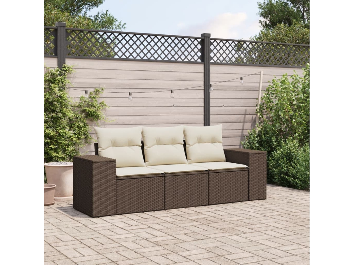 Vidaxl 3 Pcs Conjunto Sofás De Jardim Com Almofadões Vime Pe Castanho