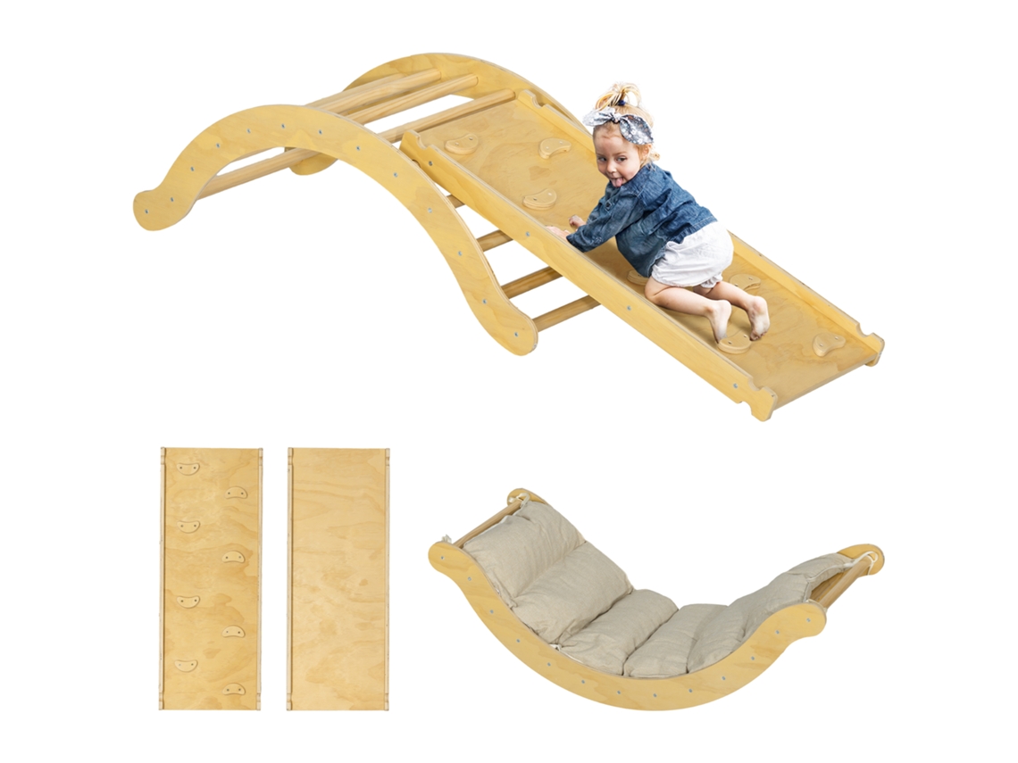 Arco De Escalada 4 Em 1 Para Crianças, Baloiço, Rampa De Escalada Dupla Face E Almofada, 168x49,5x39,5 Cm, Madeira Natural