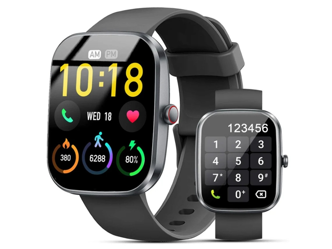 Smartwatch Bestvite com chamadas Bluetooth, previsão do tempo, monitoramento de frequência cardíaca e pressão arterial e contador de passos.