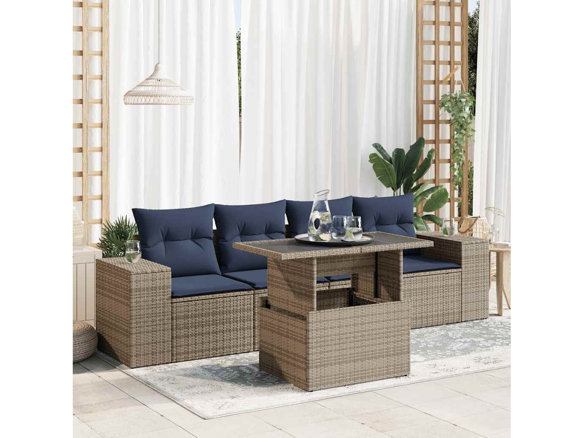 Vidaxl 5 Pcs Conjunto Sofás De Jardim C/ Almofadões Acácia E Vime Pe