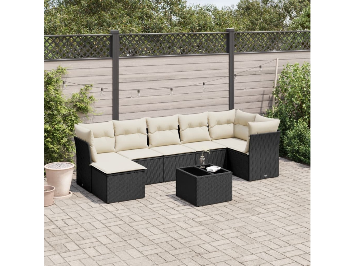 Vidaxl 8 Pcs Conjunto Sofás De Jardim Com Almofadões Vime Pe Preto