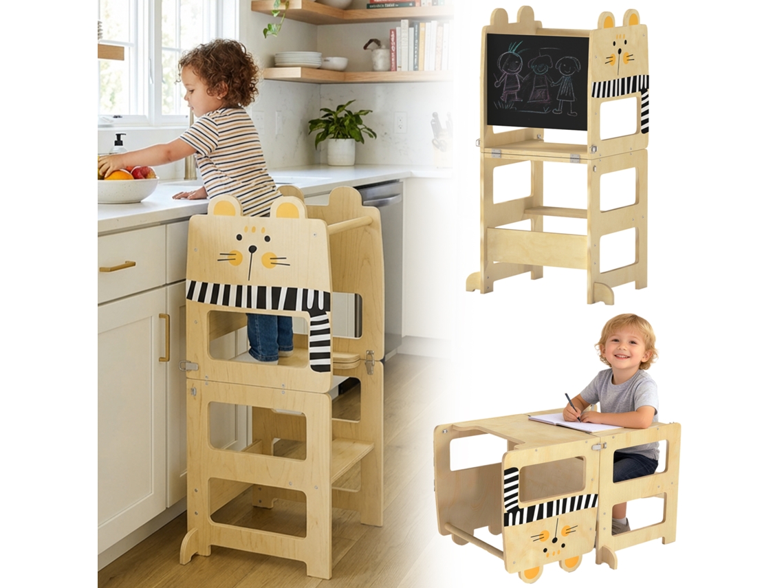 Torre de aprendizagem dupla 3 em 1, transforma-se em mesa e corrente, com quadrado preto e estampa de gato | S/BRAND