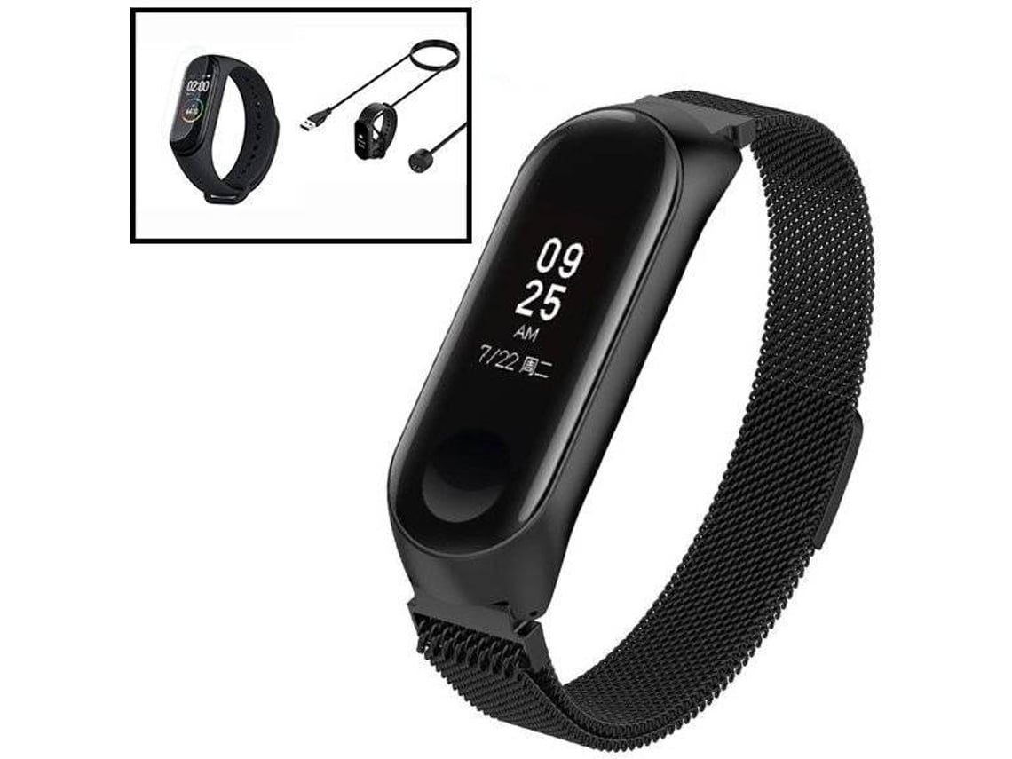 Kit Bracelete Milanese Loop Fecho Magnético + Carregador Usb Charger + Película Protectora Ecrã Gel Full Cover Xiaomi Mi Band 6 Mi Smart Band 6 Preto