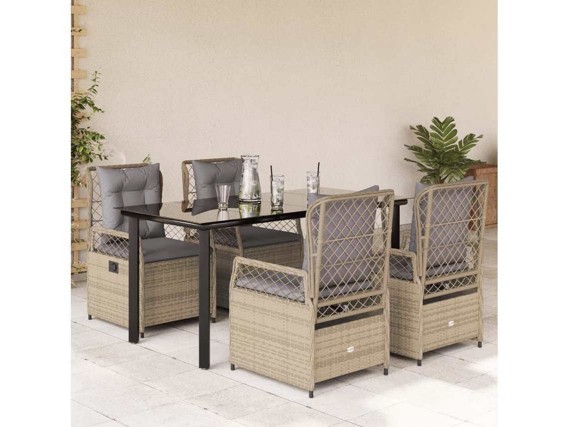 Vidaxl 5 Pcs Conjunto De Jantar P/ Jardim Com Almofadões Vime Pe Bege