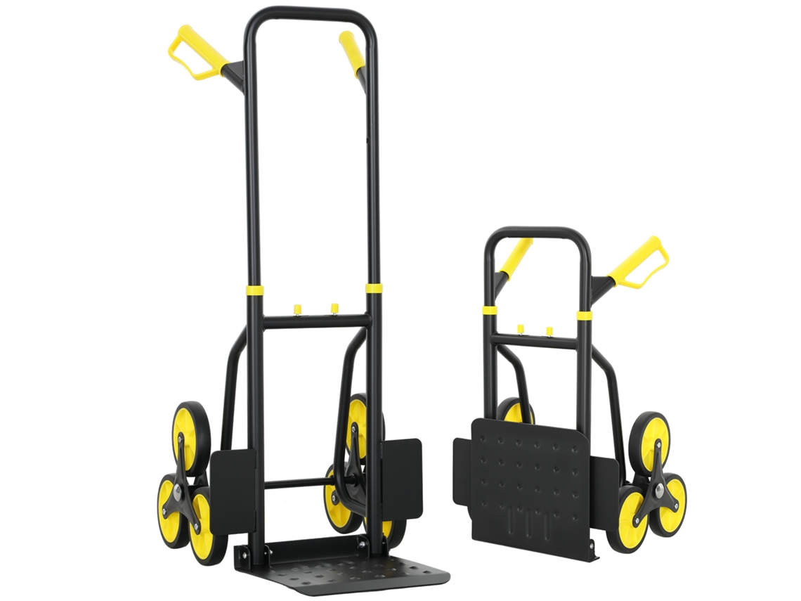 Carrinho Dobrável Escadas, Carga 120kg, 6 Rodas, Aço C/ Cordas Telescópicas, 44x67x106.5cm, Amarelo