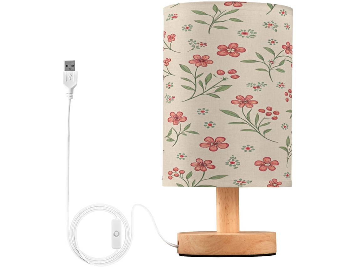 Abajur De Cabeceira Floral Vermelho Para Quarto, Com Portas De Carregamento Usb C, Luminária De Mesa Cabeceira