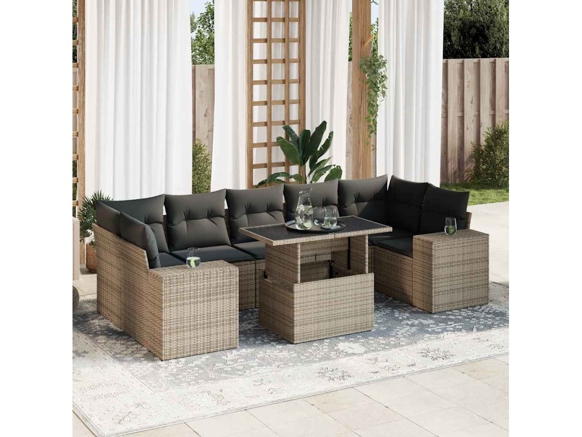 Vidaxl 8 Pcs Conjunto Sofás De Jardim C/ Almofadões Vime Pe Cinzento