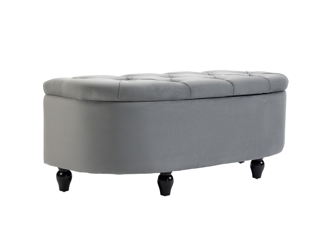 Banco Com Arrumação Almofadado, Tampa Soft-close, Veludo, 120x46x42cm, Cinza Escuro