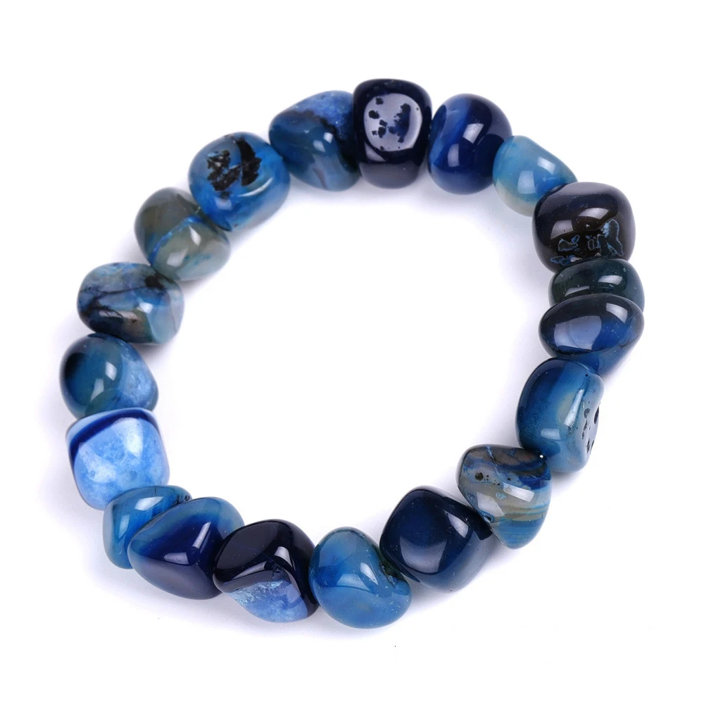 Pulseira Elástica Artesanal De Ágata Preta (ônix Azul), Pulseira Irregular De Pedra Natural.