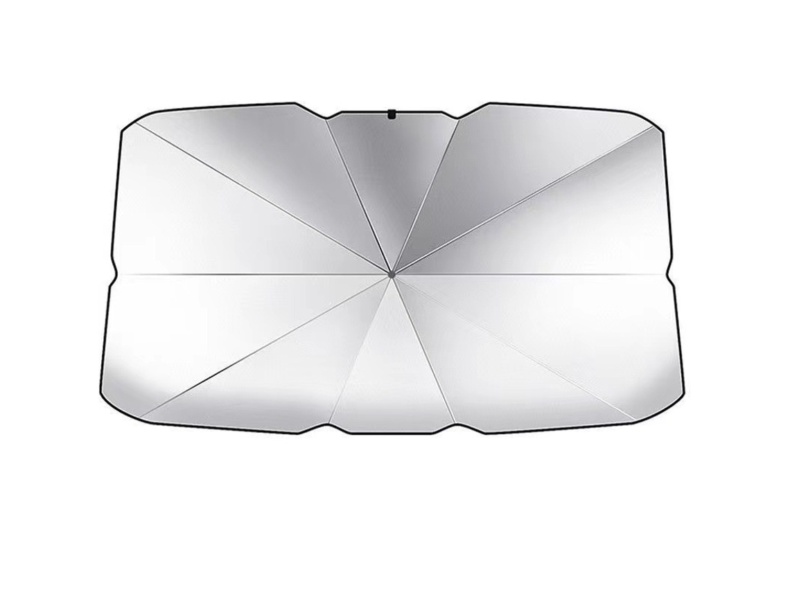 Protetor solar tipo guarda-chuva para para-brisa de carro, 140×80×0,5cm, tecido de proteção solar com abotoamento duplo.