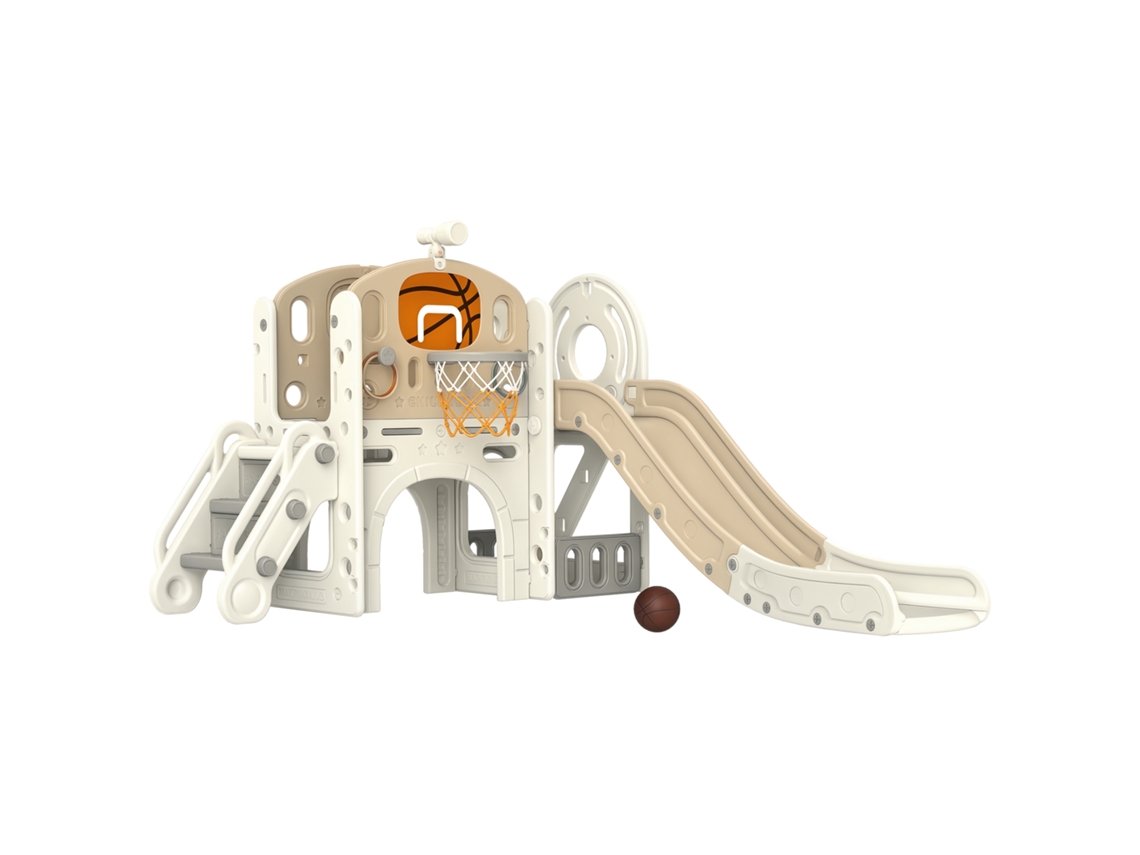 Escorregador infantil 5 em 1, com cesta de basquete e estrutura de escalada telescópica, cinza, 70x177x92 cm ZENCORE SERVICES