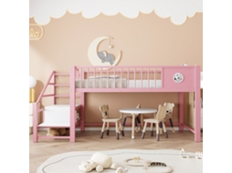 Beliche mezanino baixo 90x200cm com escada com gavetas, estrutura metálica resistente, segurança 120kg rosa KOMHTOM