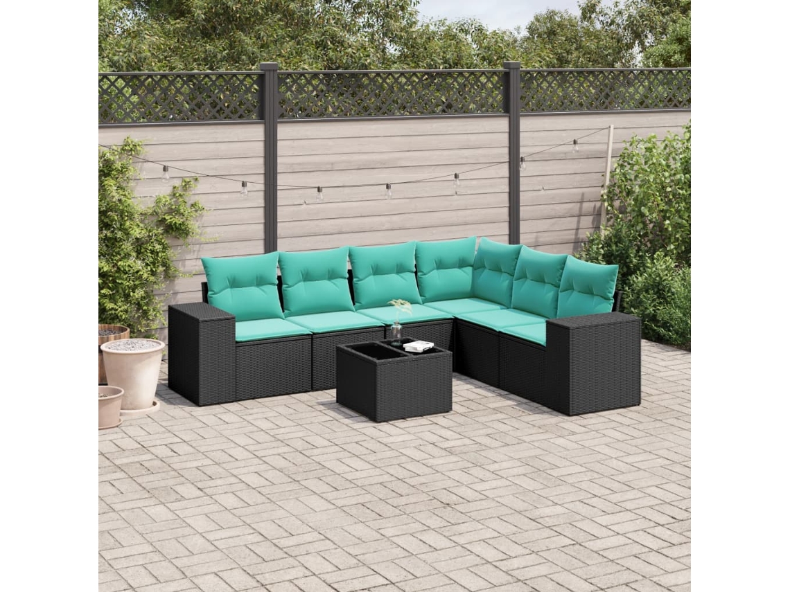 Vidaxl Conjunto De Sofá De Jardim Com 7 Peças E Almofadas Em Rattan Sintético Preto