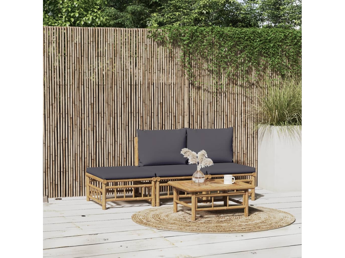 Vidaxl 4pcs Conj. Lounge De Jardim Bambu C/ Almofadões Cinzento-escuro