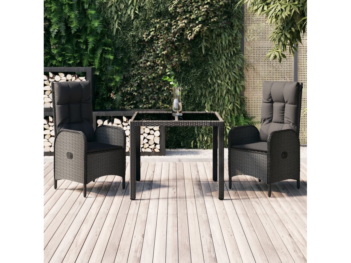 Conjunto 3 Peças Jantar P/ Jardim C/ Almofadões Vime Pe Preto Dkd Home Decor