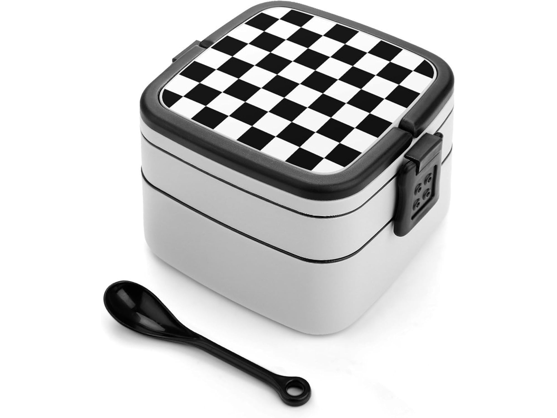 Marmita Bento De Dupla Camada Com Bandeira Corrida Preta E Branca, 1000ml, Empilhável, À Prova De Vazamentos, Com Colher