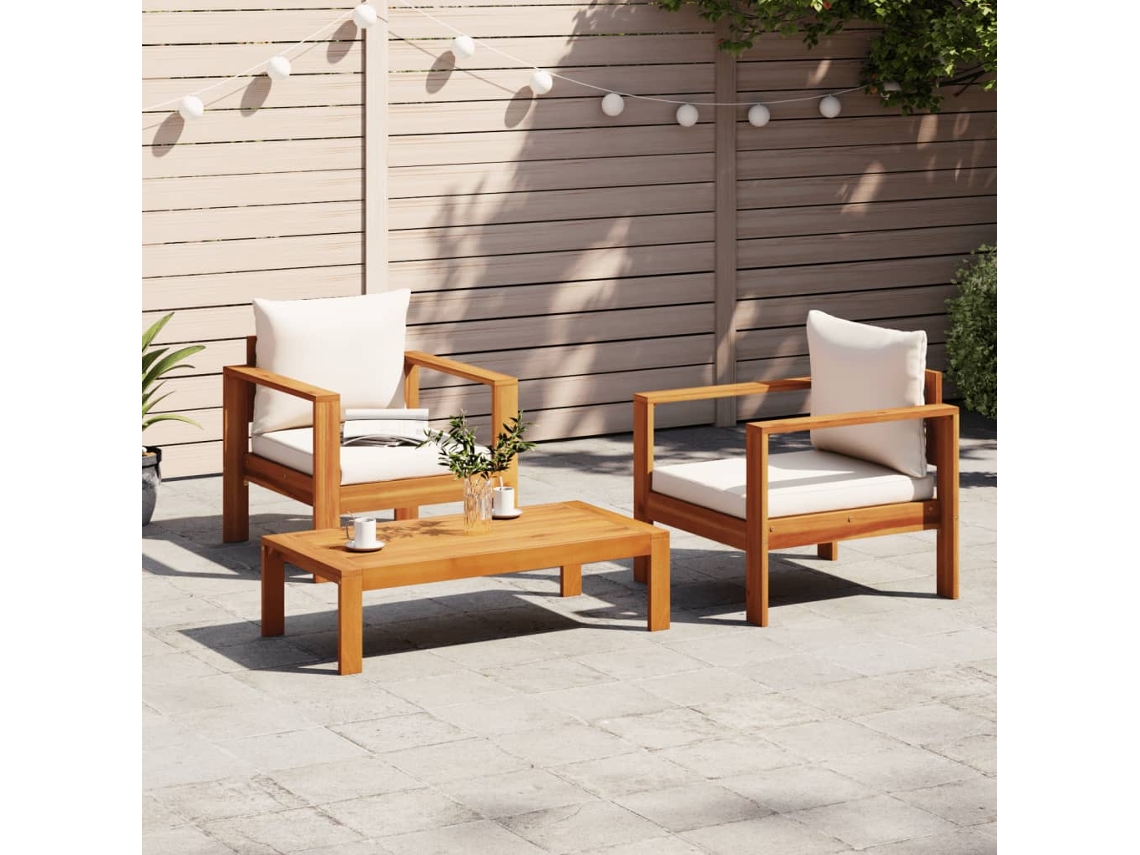 Vidaxl 3 Pcs Conjunto De Sofás De Jardim Com Almofadões Acácia Maciça