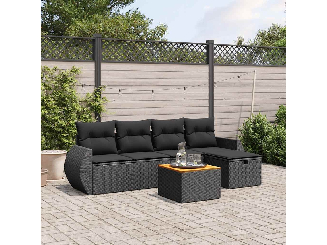 Vidaxl 6 Pcs Conjunto Sofás De Jardim C/ Almofadões Vime Pe Preto