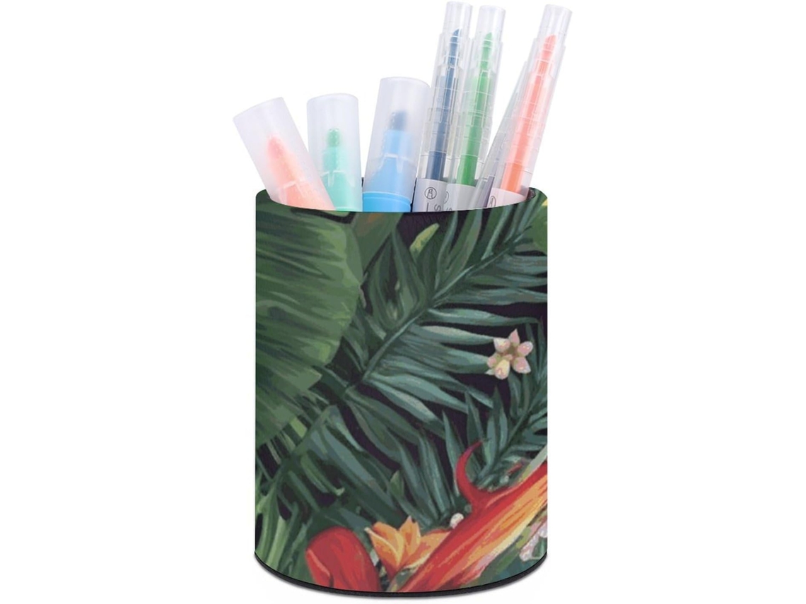 Porta-canetas com estampa de plantas tropicais, design floral, couro sintético, organizador de mesa, decoração.