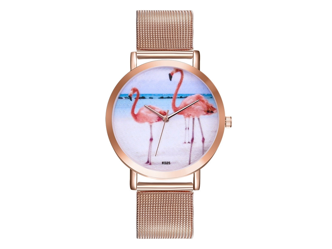 Relógio Feminino de Quartzo com Pulseira de Malha e Padrão de Pássaro Rosa