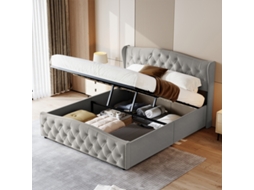 Cama Estofada 140x190 Cm com Arrumação Hidráulica, Cama Funcional com Estrado e Cabeceira Moderna, Veludo Cinza, Sem Colchão BURSDANY