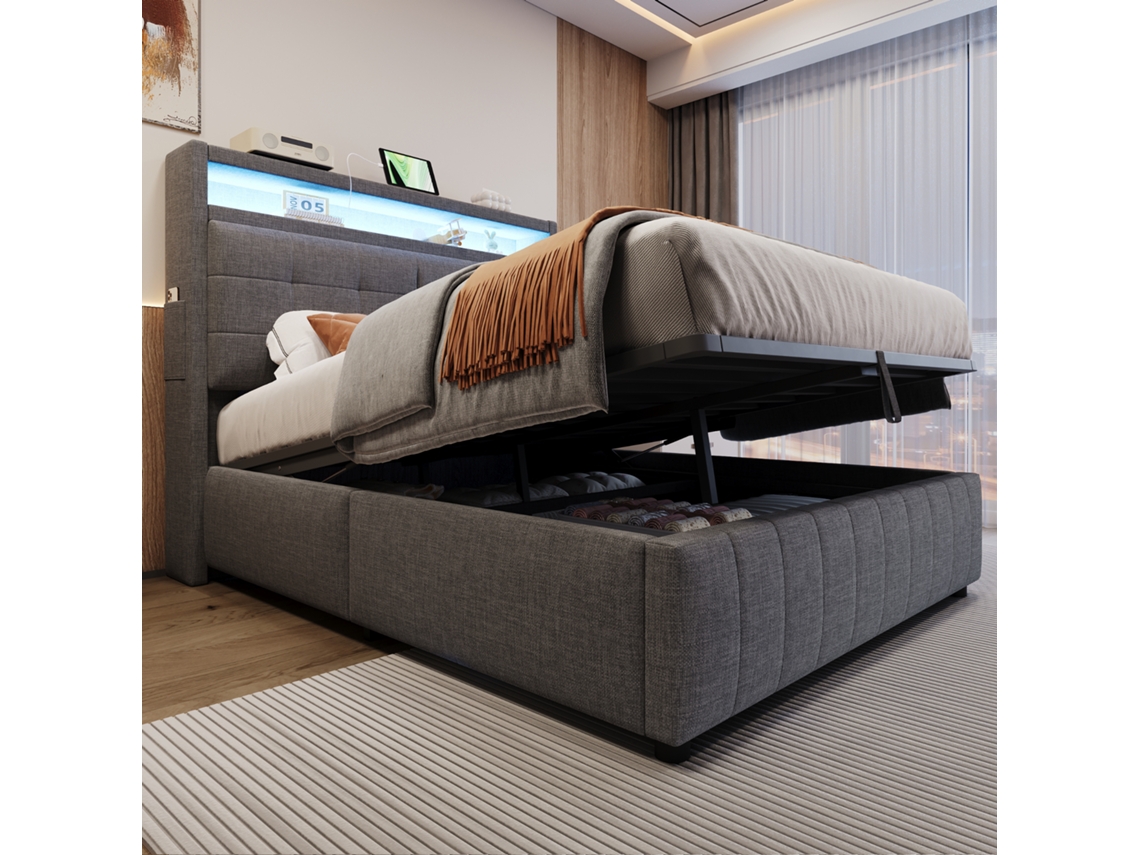 Cama Casal 140x200cm Com Led, Usb, Armários E Suporte Hidráulico