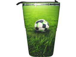 Estojo telescópico verde com estampa de futebol na grama, multifuncional e leve.