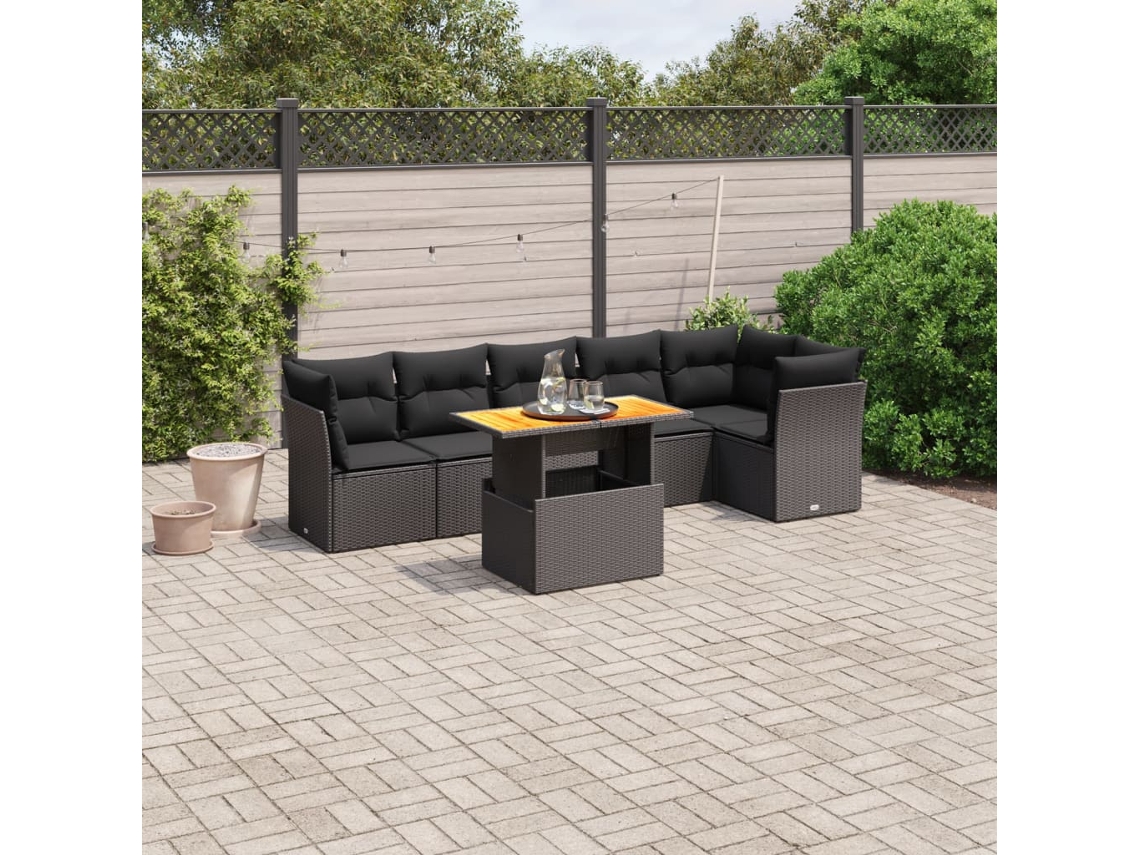 Jogo de Sofá 7 Peças P/ Jardim C/ Almofadões Vime Pe Preto Dkd Home Decor
