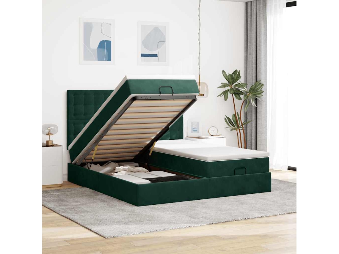 Vidaxl Estrutura De Cama Otomana Com Colchão Verde Escuro Veludo