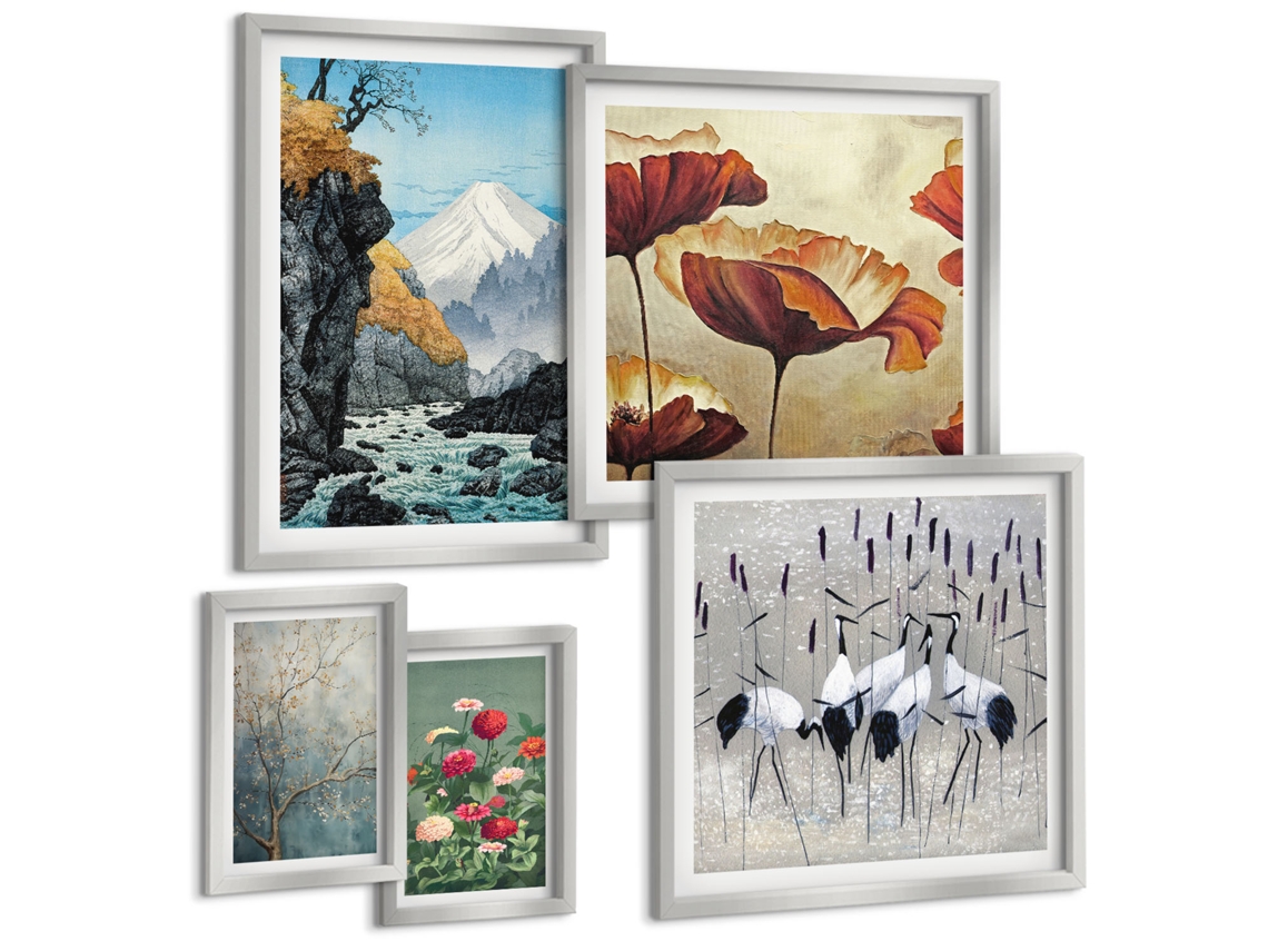 Composição De Quadros Na Parede Motivos De Plantas Em Bege E Marrom Moldura Prateada Fotos Para O Escritório Espelharte (conjunto De 5 Imagens)