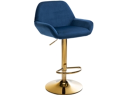 Banqueta de bar X1 com apoio para os pés e braços em veludo azul, base em forma de trombeta em metal dourado 10_0006493