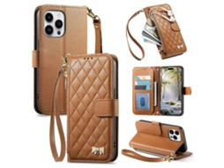 Capa Para Celular Em Couro Vegano Com Textura Rômbica, Zíper, Laço Metálico E Alça Para Iphone 16 Pro.