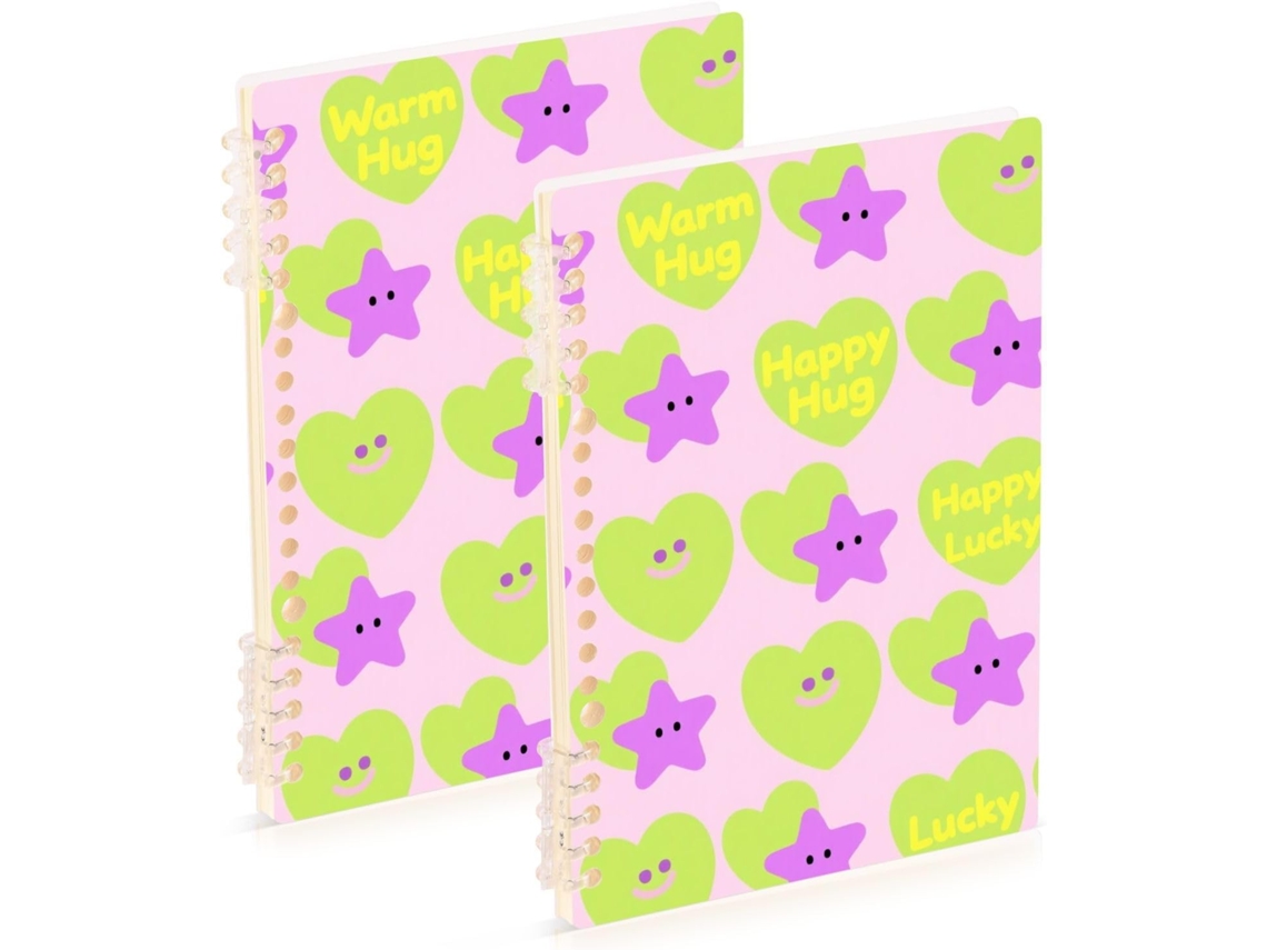 Conjunto de 2 Cadernos Espiral A5 com Capa Larga e Linhas, Verde Fluorescente, em Formato Estrela Corações Rox