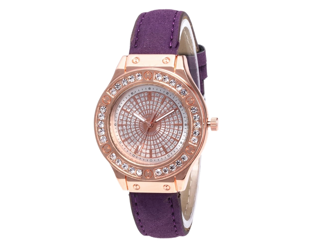 Relógio de Pulso Feminino de Quartzo com Pulseira de Couro Pu e Dialis com Strass Roxo Zhoulianfa