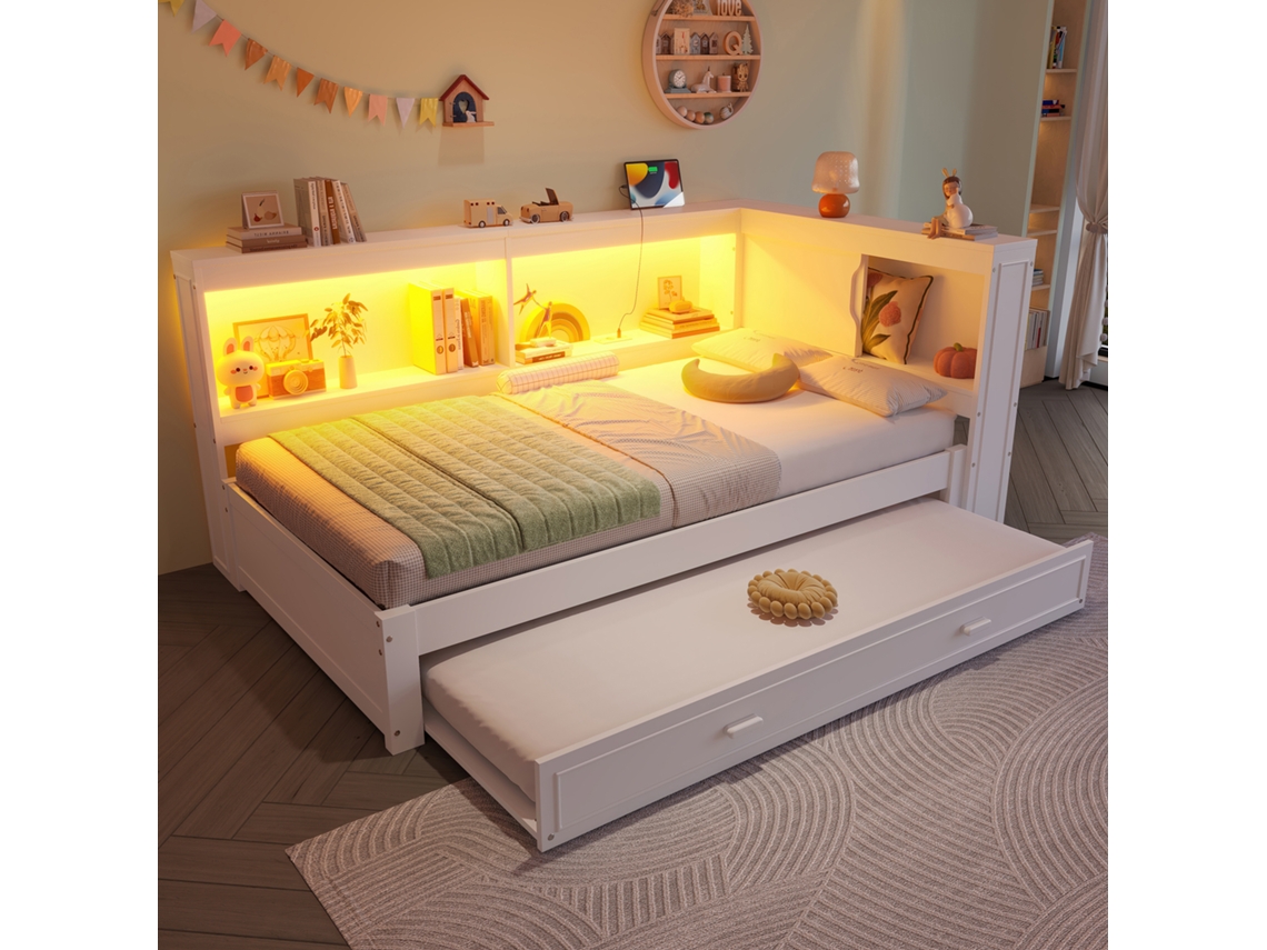 Daybett 90x200 Cm, Sofá-cama Com Cama Retrátil, Led, Tomada, 1 Usb E 1 Tipo C, Sem Colchão, Branco.