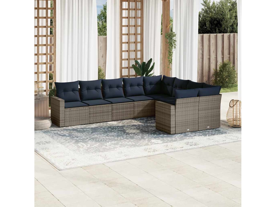 Vidaxl 9 Pcs Conjunto Sofás P/ Jardim C/ Almofadões Vime Pe Cinzento