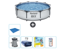 Piscina BESTWAY Round Steel Pro Max 305 X 76 Cm Cinza Incluindo Bomba Vela Solar Pacote de Manutenção Filtro Folha de Base