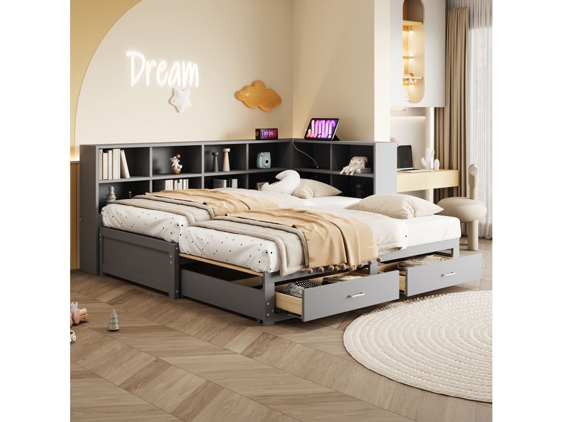 Sofá Madeira Grande Cama Puxável Gavetas Tomada Euro Cinza 90/180x190cm