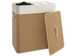 Cesto de Roupa com Tampa 100l de Bambu com 2 Compartimentos Bolsa Interior Amóvivel 52x32x63cm Marrom e Creme
