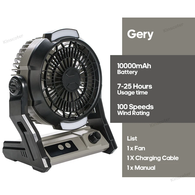 Ventilador de Mesa para Camping, 10000mah, Iluminação Led MDUG (cinza)