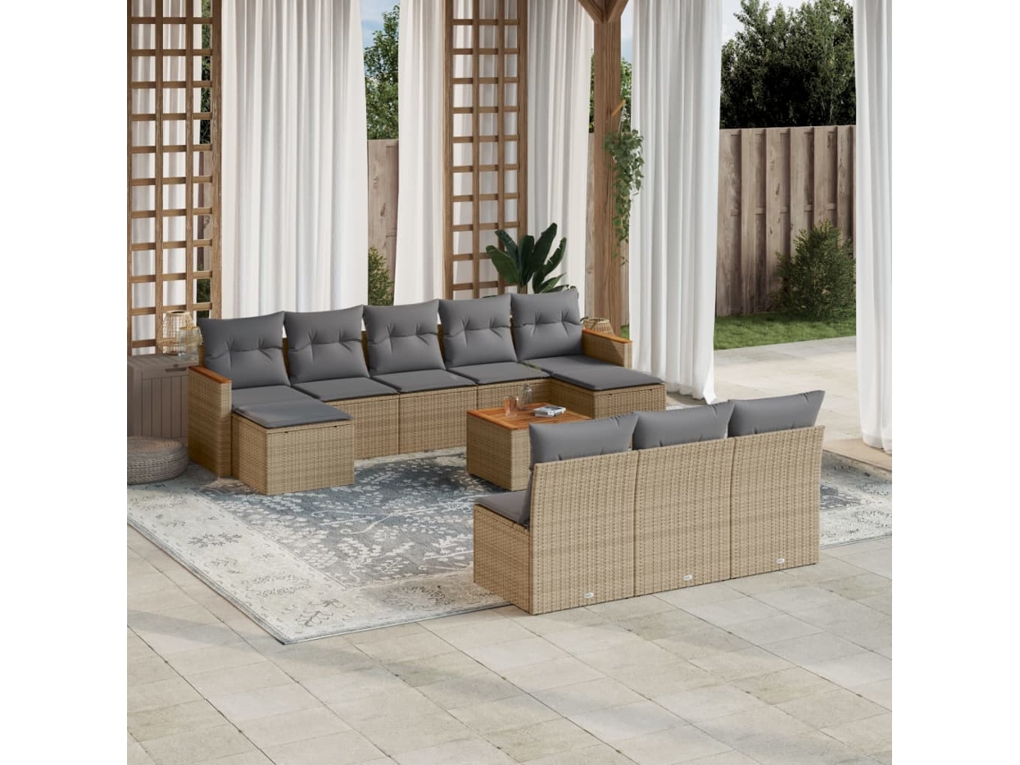 Vidaxl 11 Pcs Conjunto Sofás de Jardim C/ Almofadões Vime Pe Bege