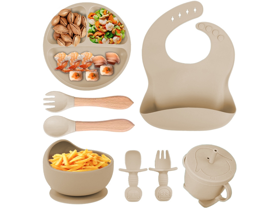 Conjunto de Alimentação para Bebê em Silicone, 8 Peças, Incluindo Ventosa, Tigela, Babador, Colher, Garfo e Copo com Canudo Branco PANOONA