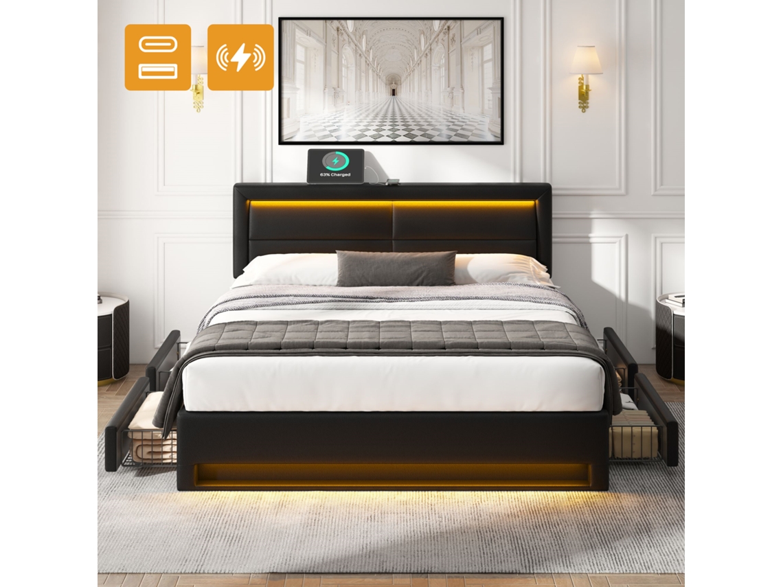 Cama Preta 140x200 C/ Usb Wireless, 4 Gavetas E Led
