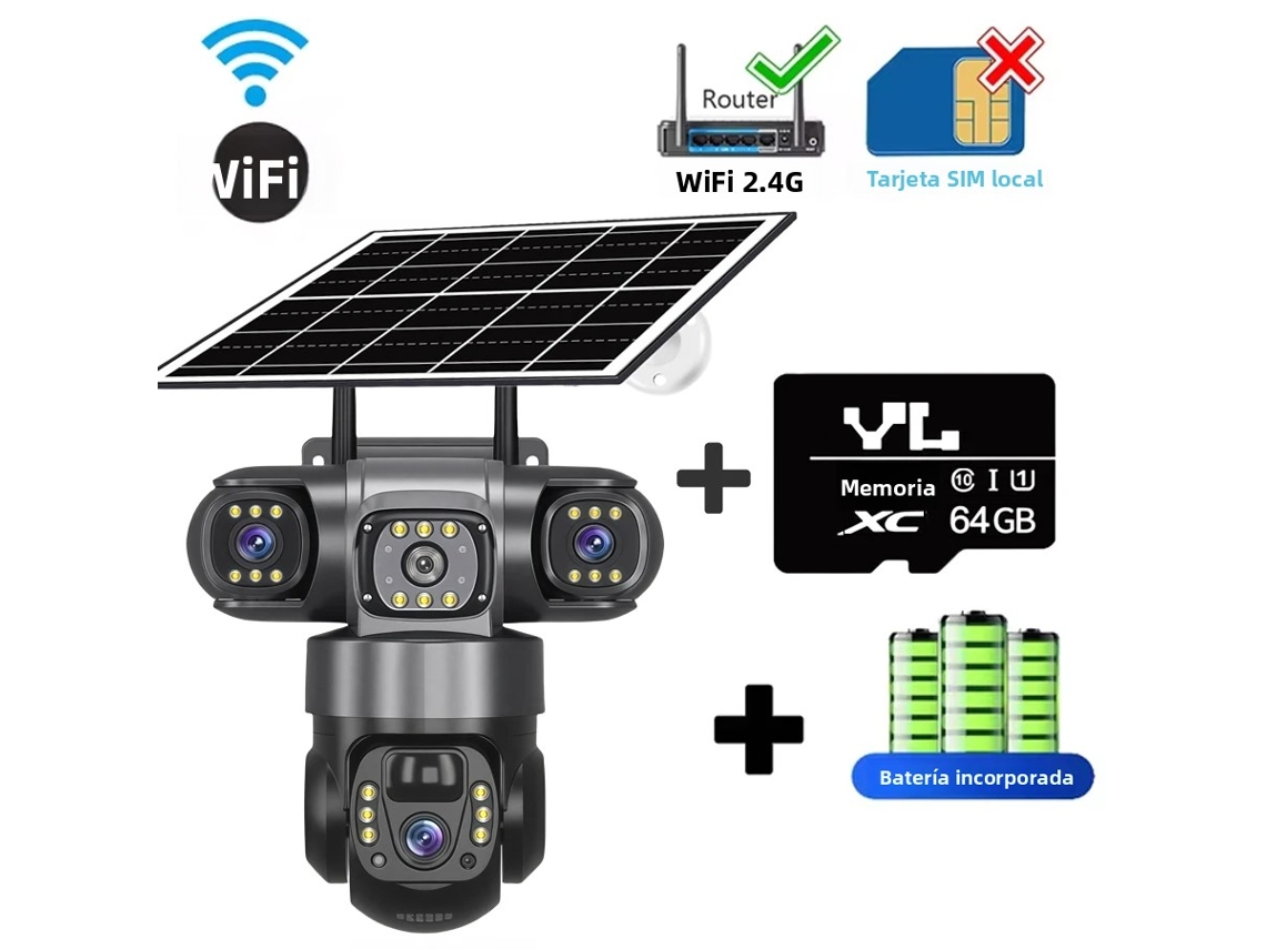 (cartão De 64 Gb) Câmera De Segurança, 3 Lentes, Wi-fi, Energia Solar, Visão Noturna Hd, Alarme.