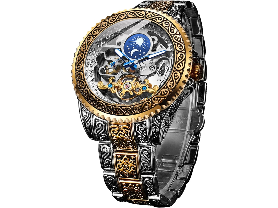 Gusshious Retro Esculpido Auto-vento Tatuagem Mecânica Tourbillon Lua Fase Esqueleto Automático Grande Contador de Pulso Relógios