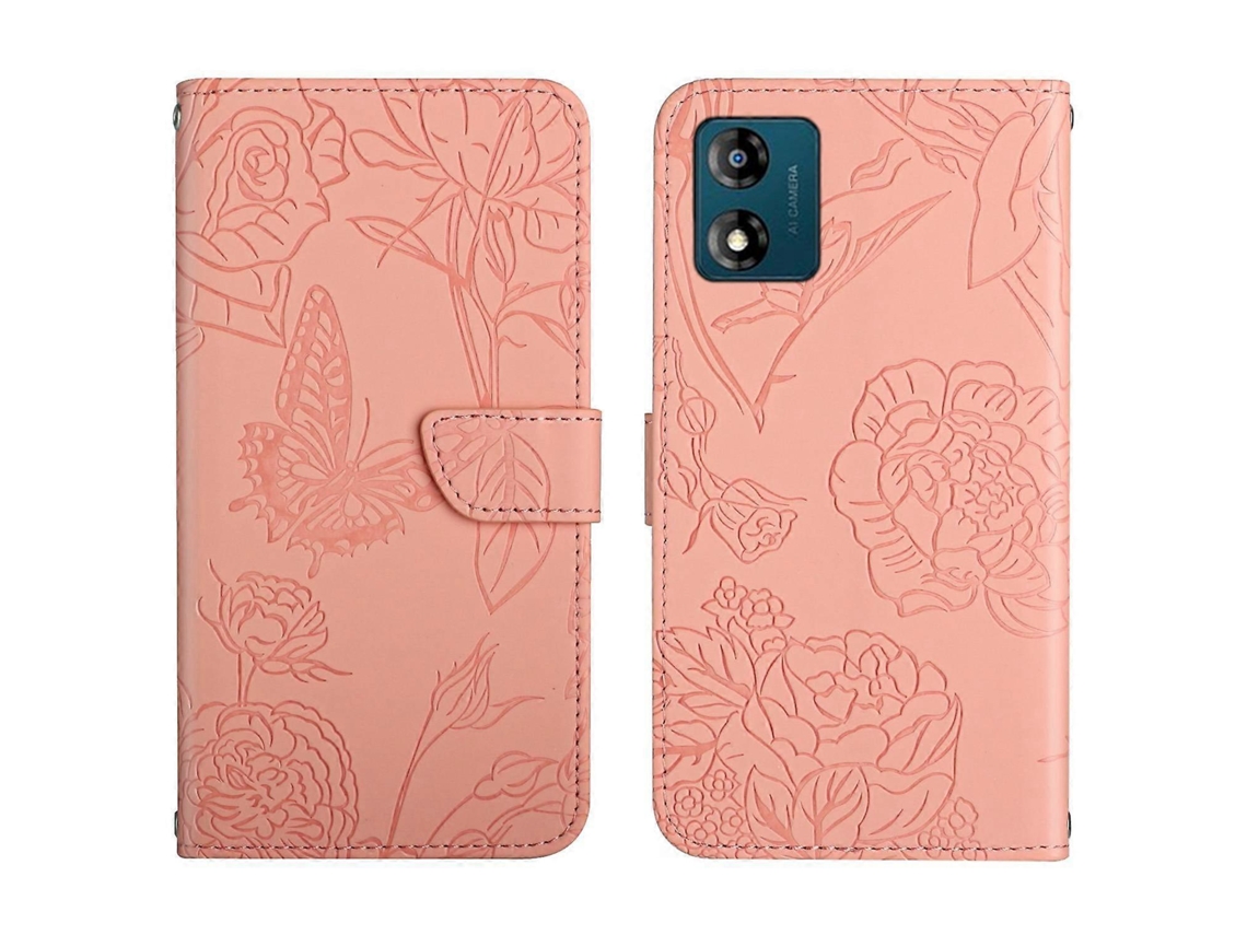 Capa De Celular Flip Em Couro Sintético Com Textura De Borboleta Para Motorola Moto E13 4g Ht03